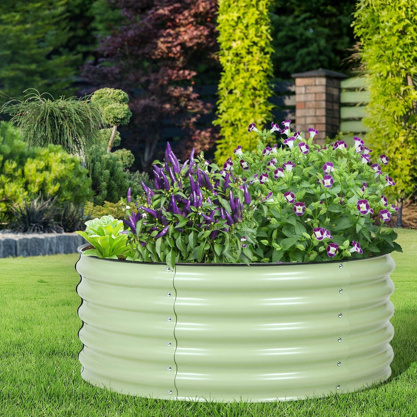 Aoodor 17'' Tall Aluzinc Metal Raised Garden Bed 42'' Round - Outdoor Open-Ended Base Garden Planter Box - N/A