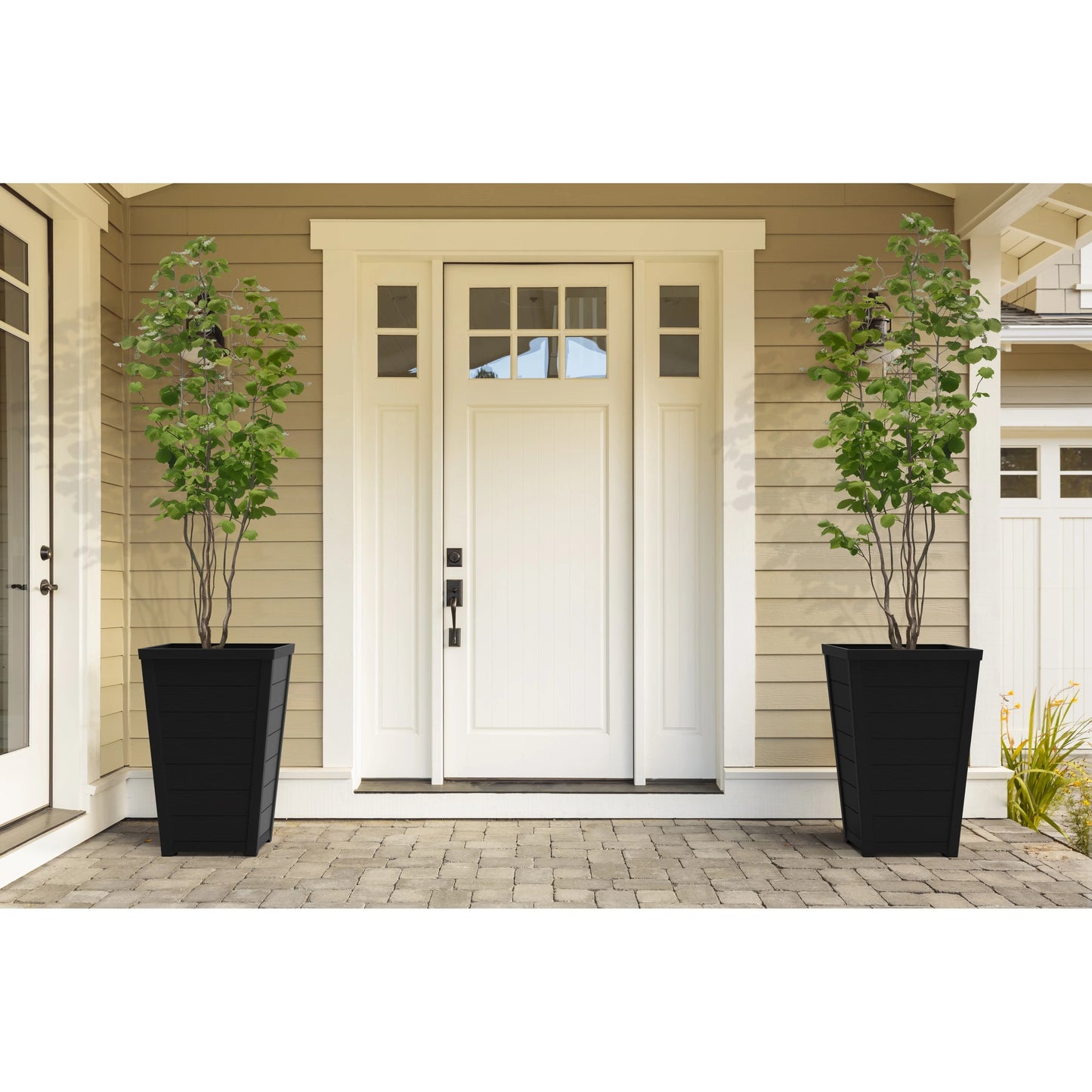 Keter Set of 2 Resin Modern Outdoor 22 Inch Tall Large Flower Pot Planters in a Stylish Tapered Wood Look Pattern