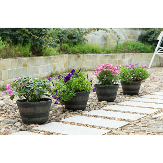 Gardenised 4-Piece Round Half Barrel Flower Pots Rustic Farmhouse Style Faux Wood Planter Containers for Indoor & Outdoor Use