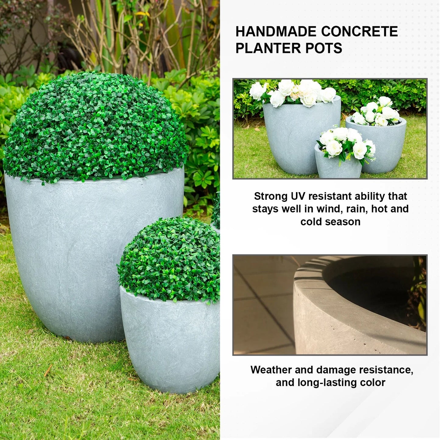 Kante Large Concrete Round Planters (Set of 3), Outdoor/Indoor, Modern, Lightweight, Weather Resistant (Slate Gray)