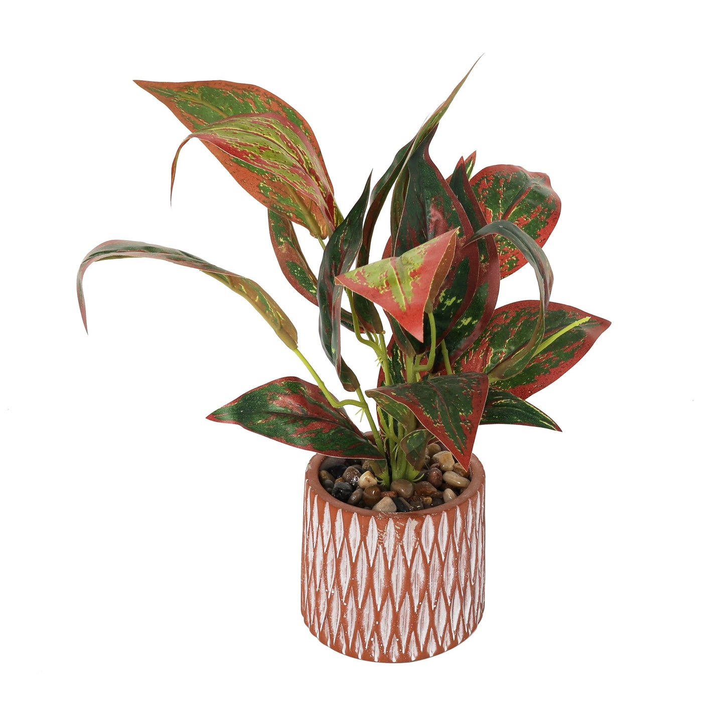 Faux Foliage Croton Artificial Plant with Geometric Patterned Pot and Decorative Pebbles - Green - Roche River Decor