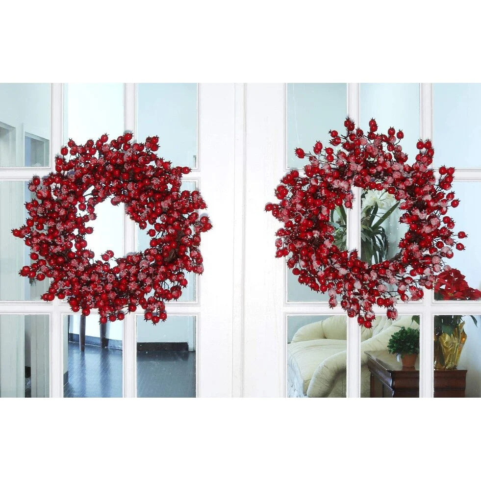 22" Red Frosted Berry Wreath | Iced Hawthorn Twig Door Décor