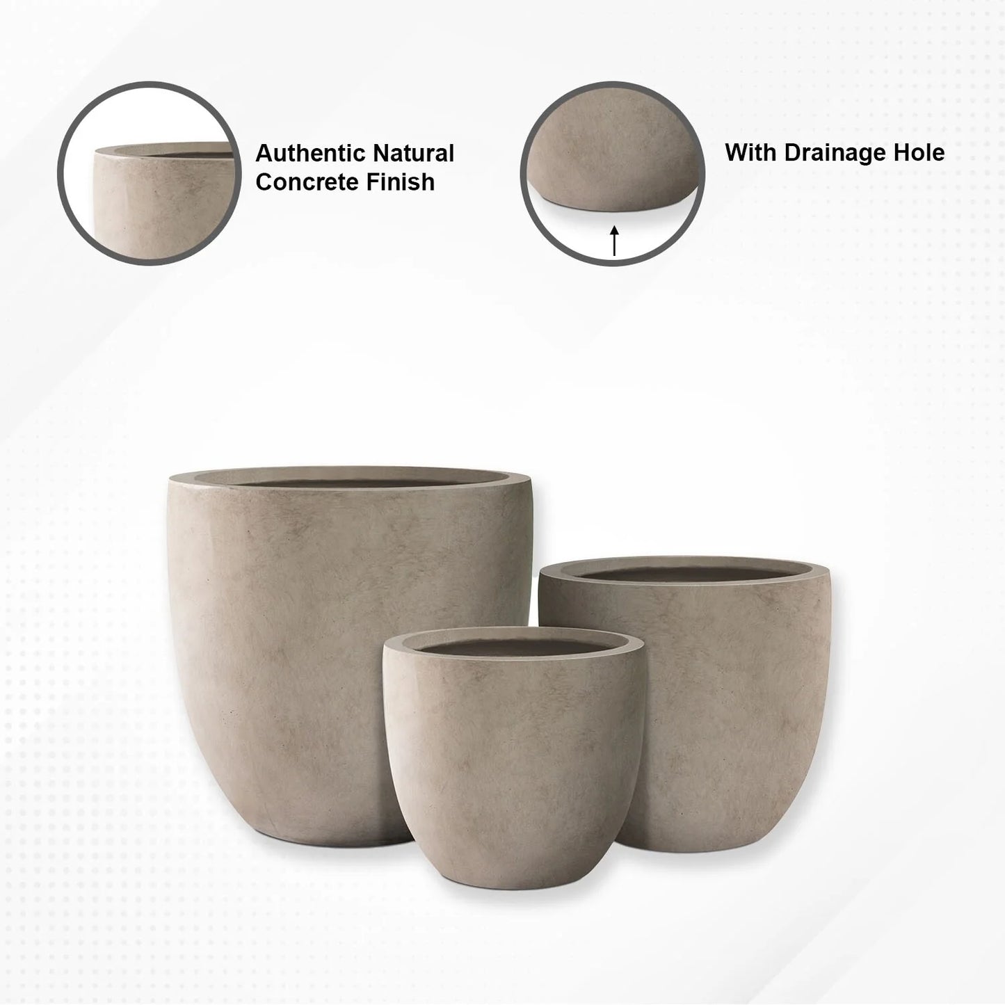 Kante 20", 16.5", 13.3"W Weathered Finish Round Concrete Planters (Set of 3), Outdoor/Indoor Decorative Pots w/ Drainage Hole