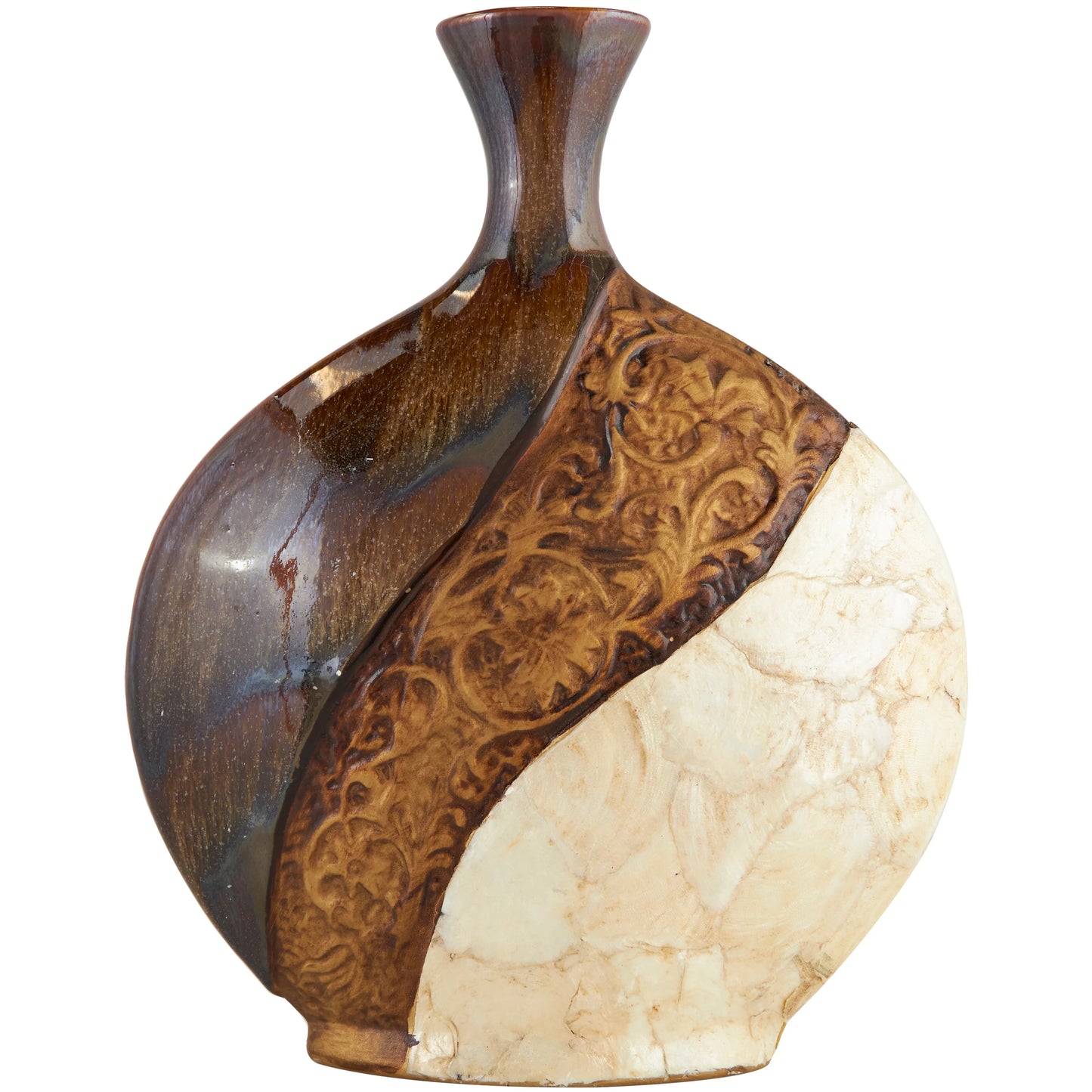 Ceramic Vase with Embedded Details and Capiz Shell Accents - Brown - Roche River Decor