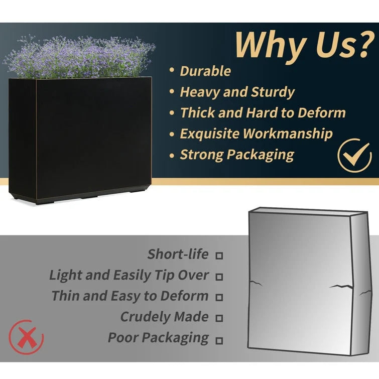 Metallic Heavy Planter for Outdoor Plants, 24.02" H x 30" W x 9.84" D	Tall and Long Metal Divider Planter Box