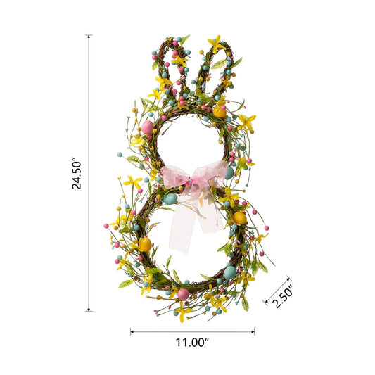 Glitzhome 24.5"H Easter Spring Bunny Shaped Eggs Wreath with Satin Ribbon Bow for Front Door Wall Decor