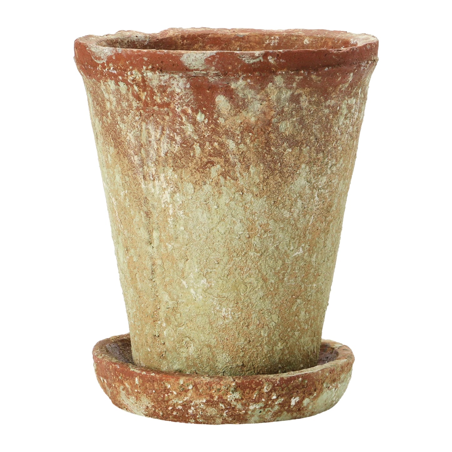 Cement Planter with Saucer, Distressed Terra-cotta Finish