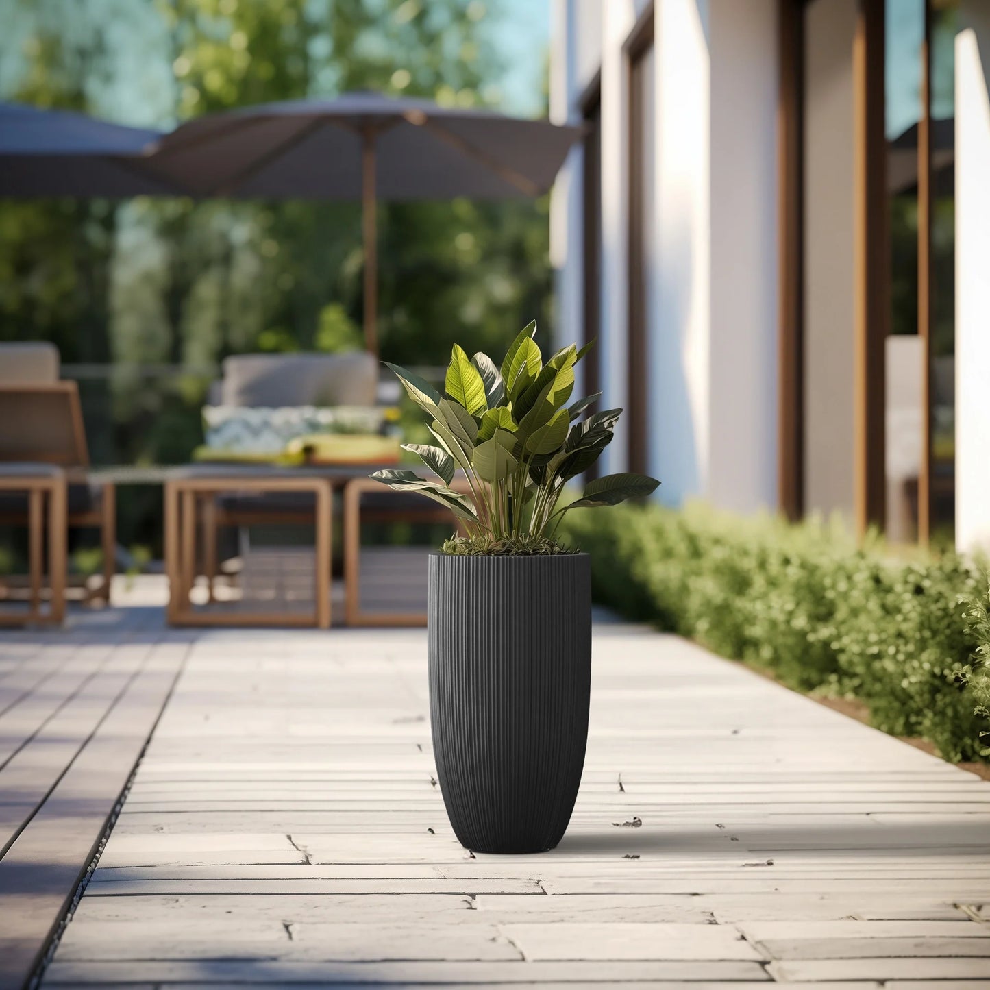 Textured Granite Gray Tall Concrete Round Plant Pots / Large Indoor and Outdoor flower Planters (13.5 Inch x 24.5 Inch)