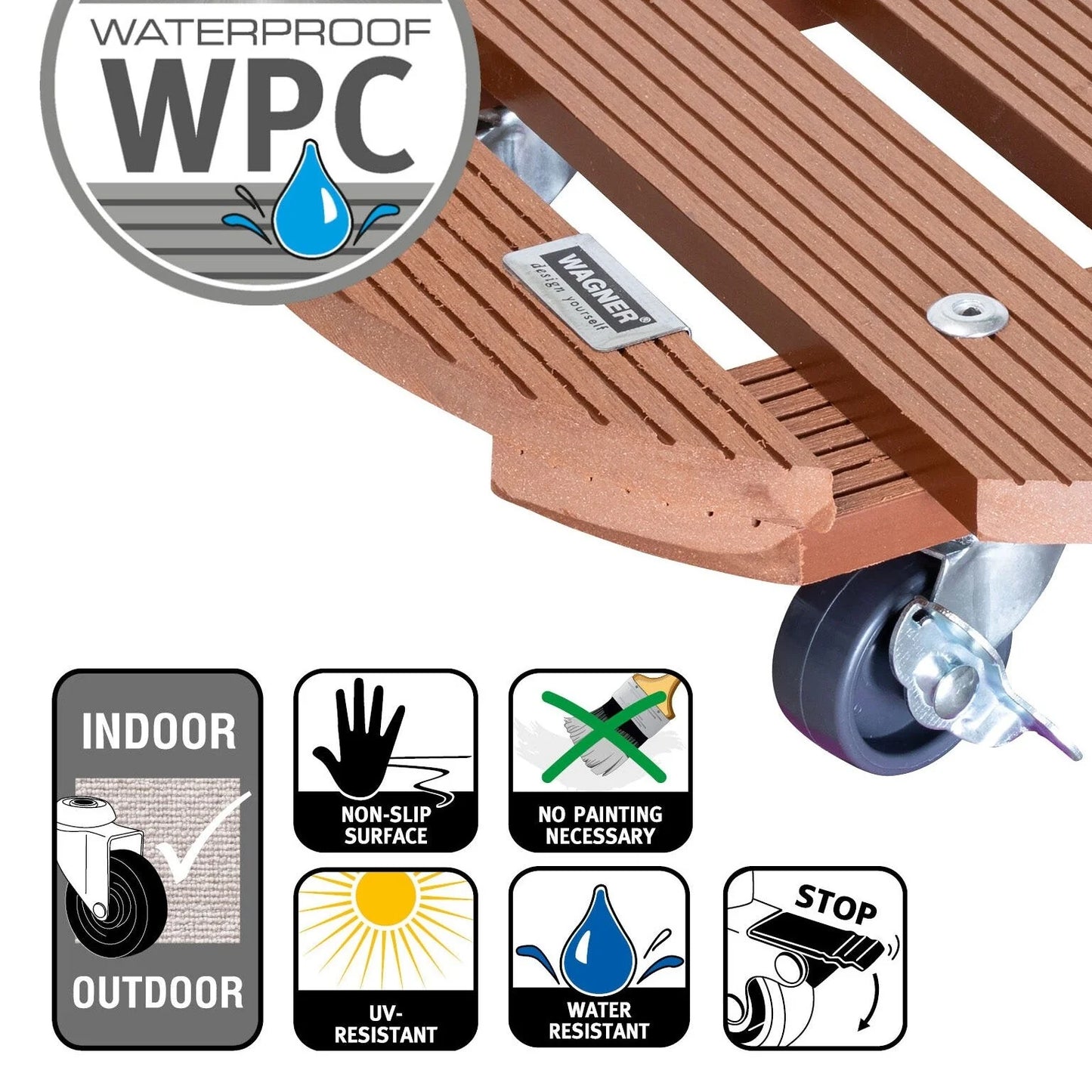 WAGNER design yourself 11.4" Round WPC Plant Caddy, Indoor/Outdoor, with Brakes