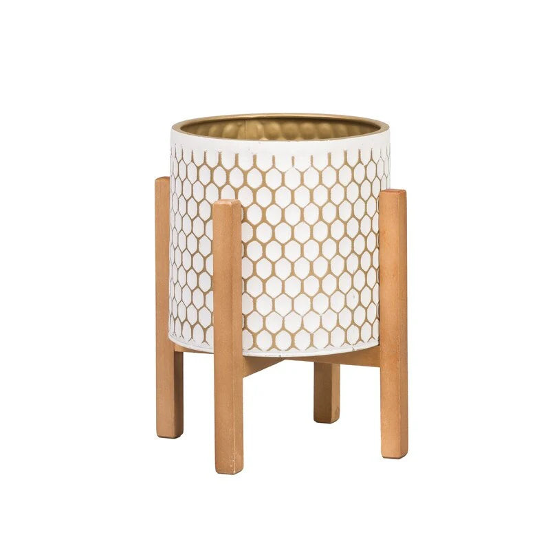 Honeycomb Mid-Century Modern Indoor Metal Pot Planter with 4-Leg Wood Base