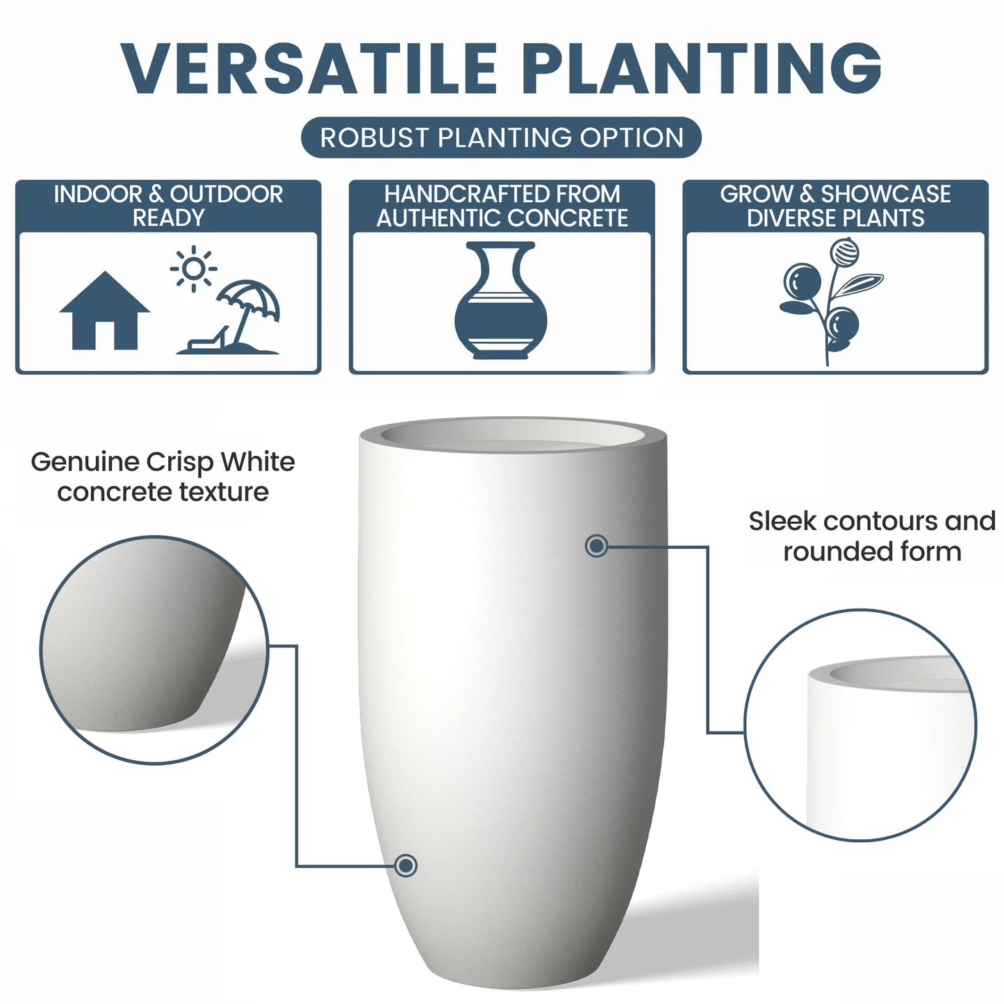 Textured Granite Gray Tall Concrete Round Plant Pots / Large Indoor and Outdoor flower Planters (13.5 Inch x 24.5 Inch)