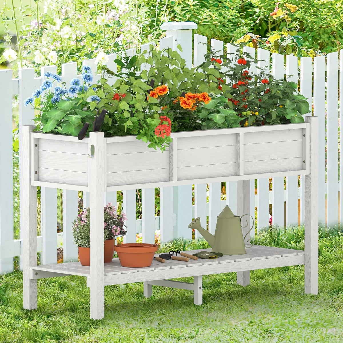 LUE BONA Patio Plastic Raised Elevated Garden Bed HDPS Planter Box Stand with Storage Shelf and Legs