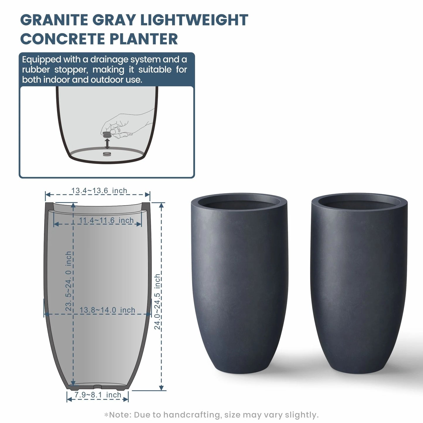 Textured Granite Gray Tall Concrete Round Plant Pots / Large Indoor and Outdoor flower Planters (13.5 Inch x 24.5 Inch)