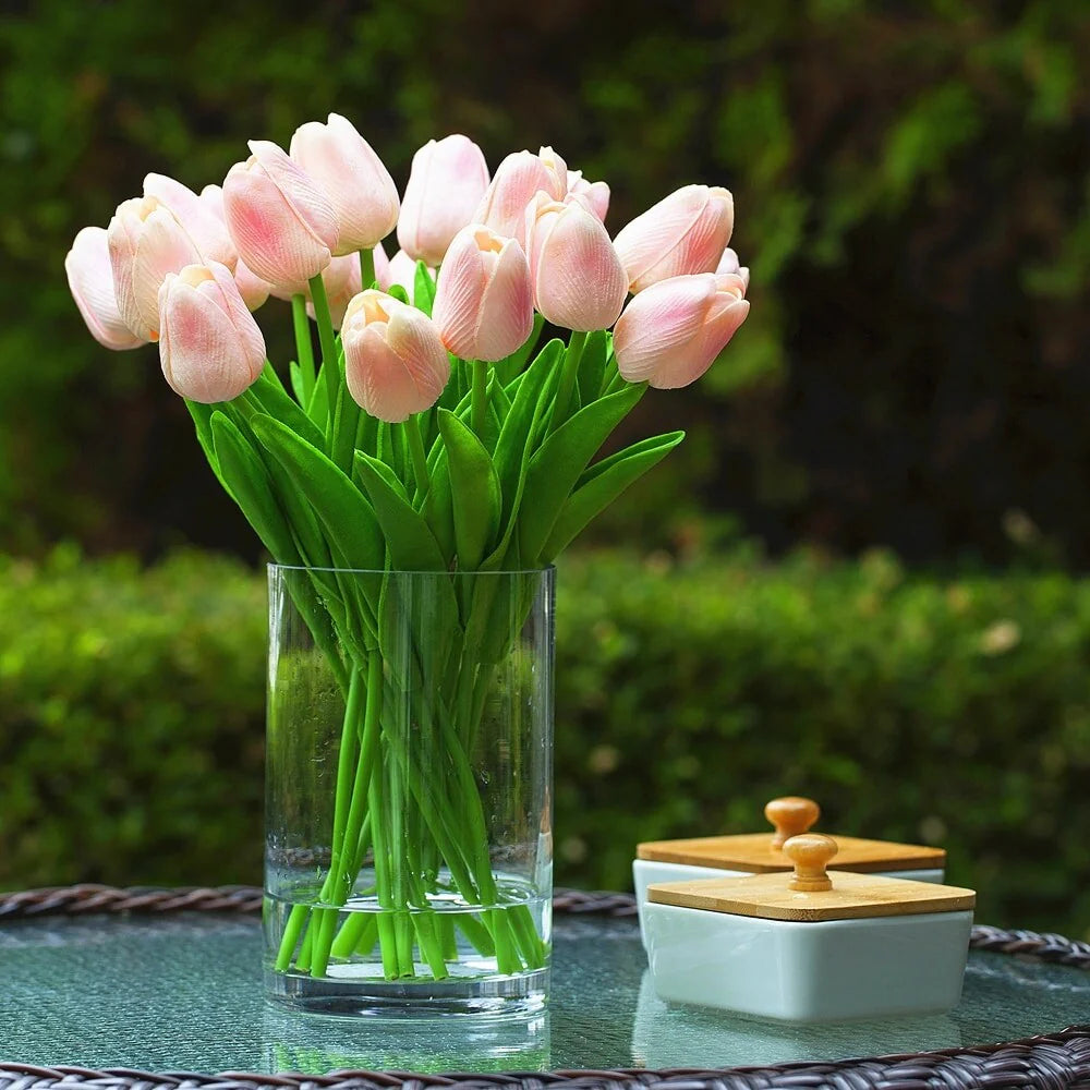 Enova Home 20 Pieces Artificial Real Touch Tulips Fake Silk Flowers Arrangement in Glass Vase with Faux Water for Home Decor
