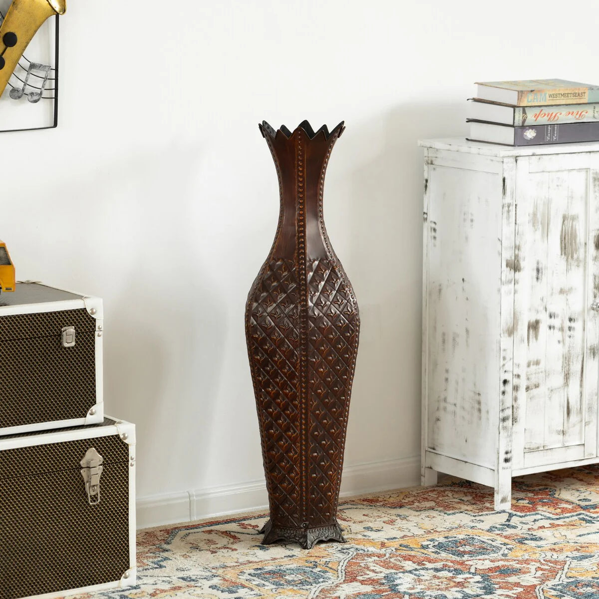 34-Inch Brown Metal Floor Vase: Elegant Centerpiece Home Decor, Dried Flower, Artificial Flower, Living Room, Bedroom Decoration