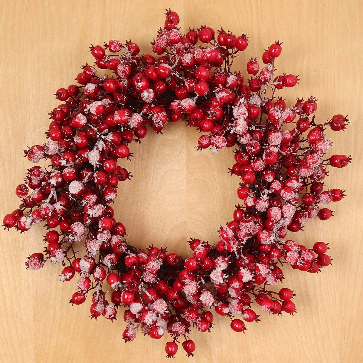 22" Red Frosted Berry Wreath | Iced Hawthorn Twig Door Décor