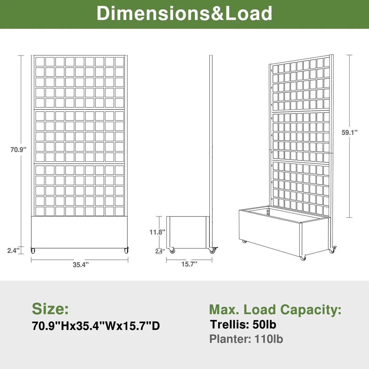 Movable Raised Garden Bed with Trellis and Lockable Wheels - 71*35