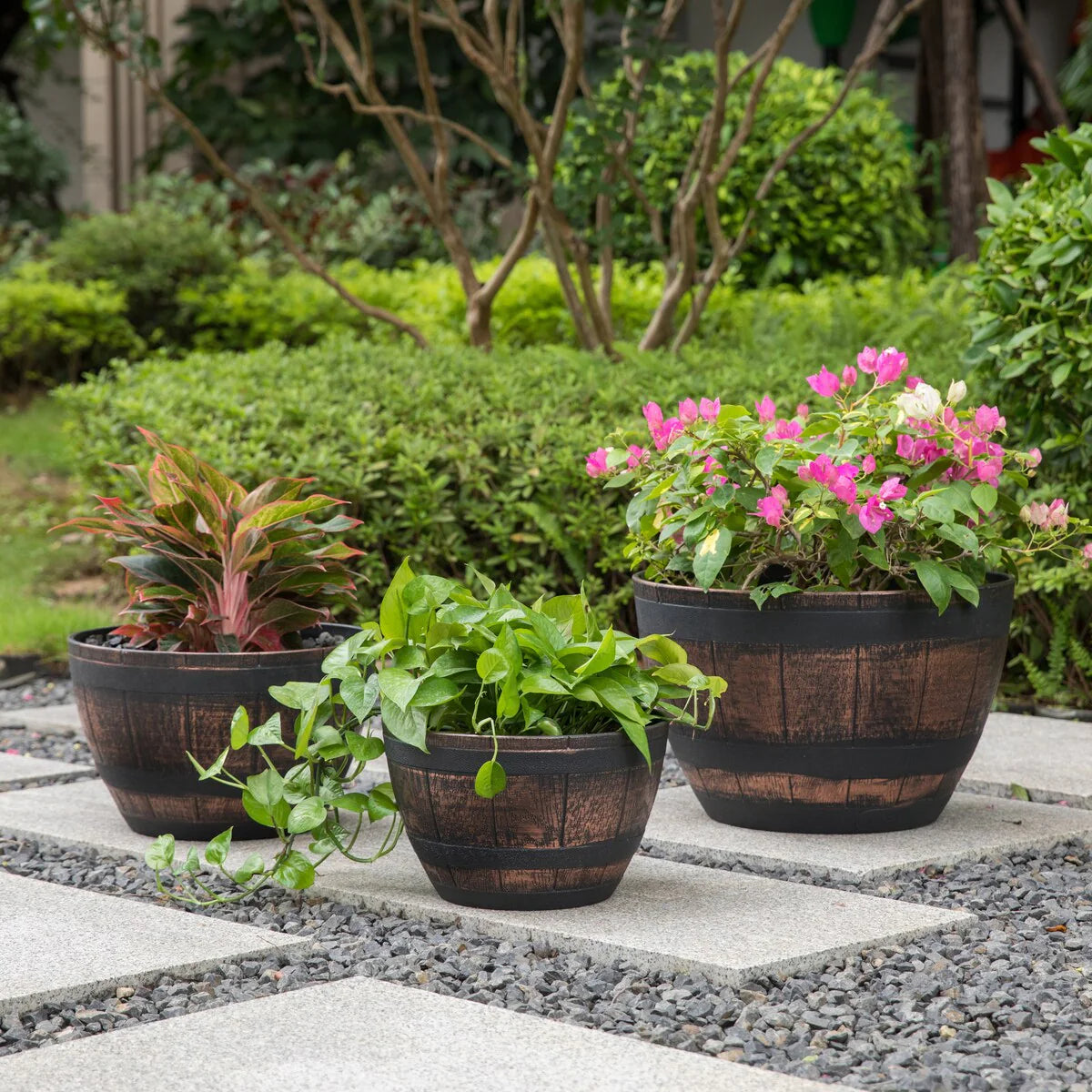 Brown Outdoor Rustic Half Barrel Flower Garden Planter Bowl, Plastic