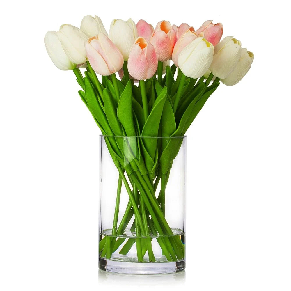 Enova Home 20 Pieces Artificial Real Touch Tulips Fake Silk Flowers Arrangement in Glass Vase with Faux Water for Home Decor