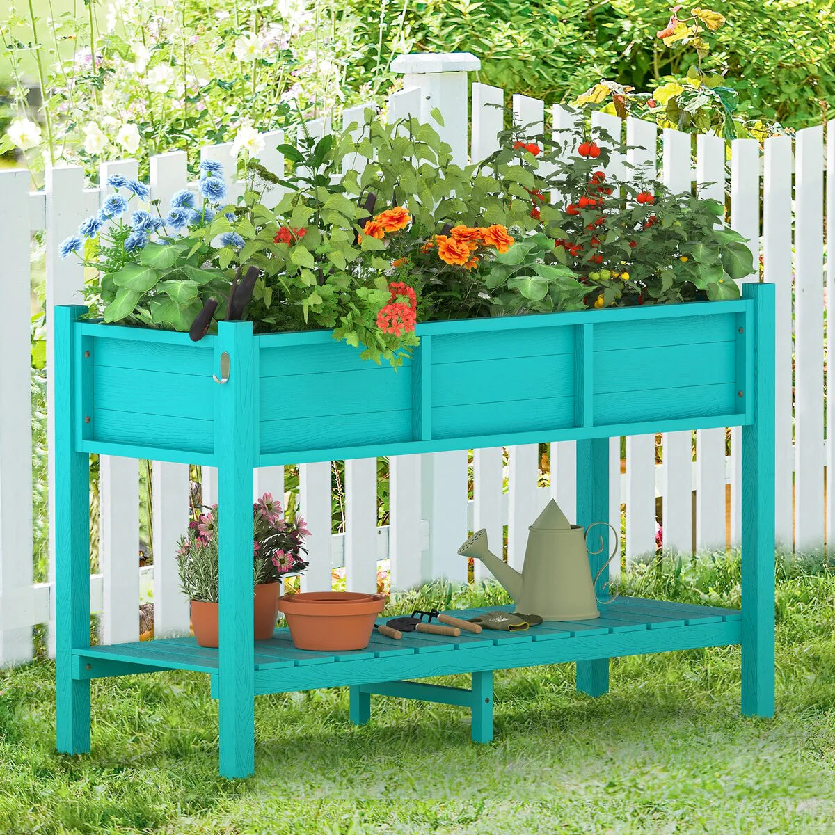 LUE BONA Patio Plastic Raised Elevated Garden Bed HDPS Planter Box Stand with Storage Shelf and Legs