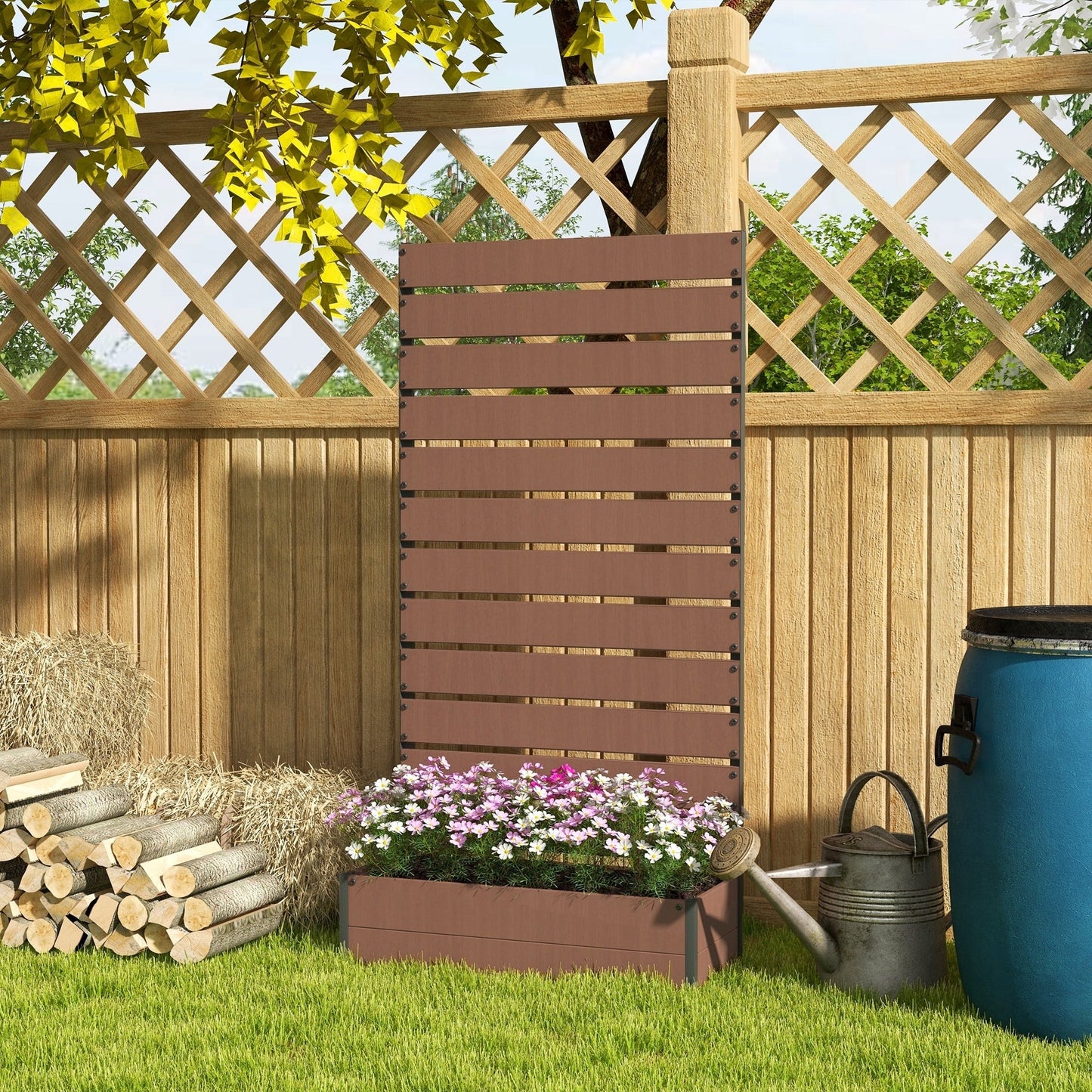 Outsunny Raised Garden Bed with Trellis for Climbing Plants, Planter Box with Self Draining Gap, Freestanding Trellis Planter