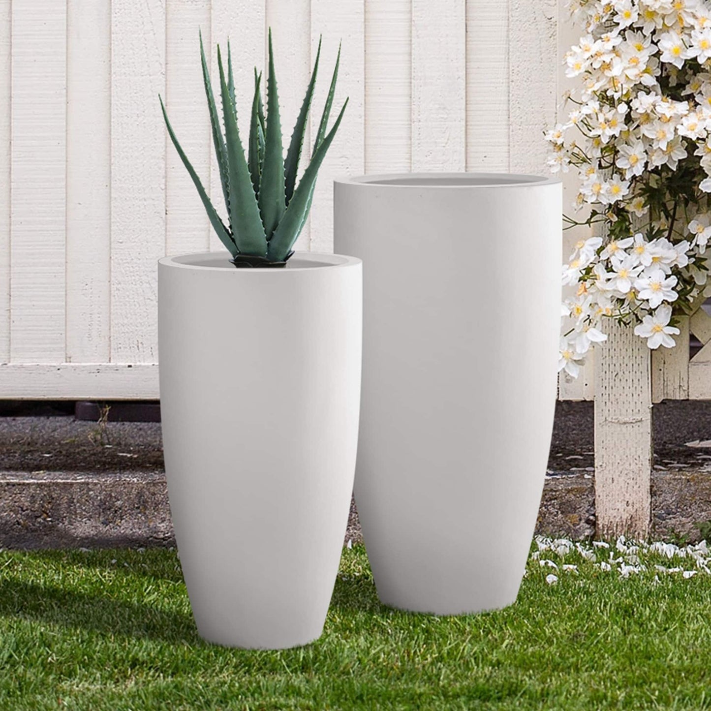 Kante 31.4" and 23.6"H Weathered Finish Concrete Tall Planters (Set of 2), Large Outdoor Indoor