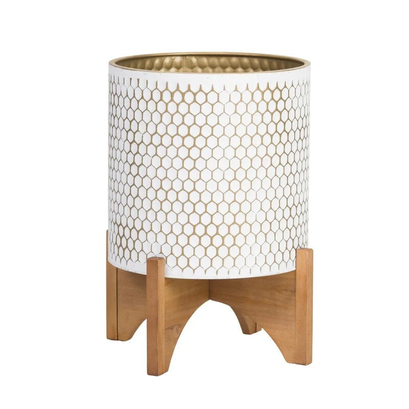Honeycomb Mid-Century Modern Indoor Metal Pot Planter with Arch Wood Base