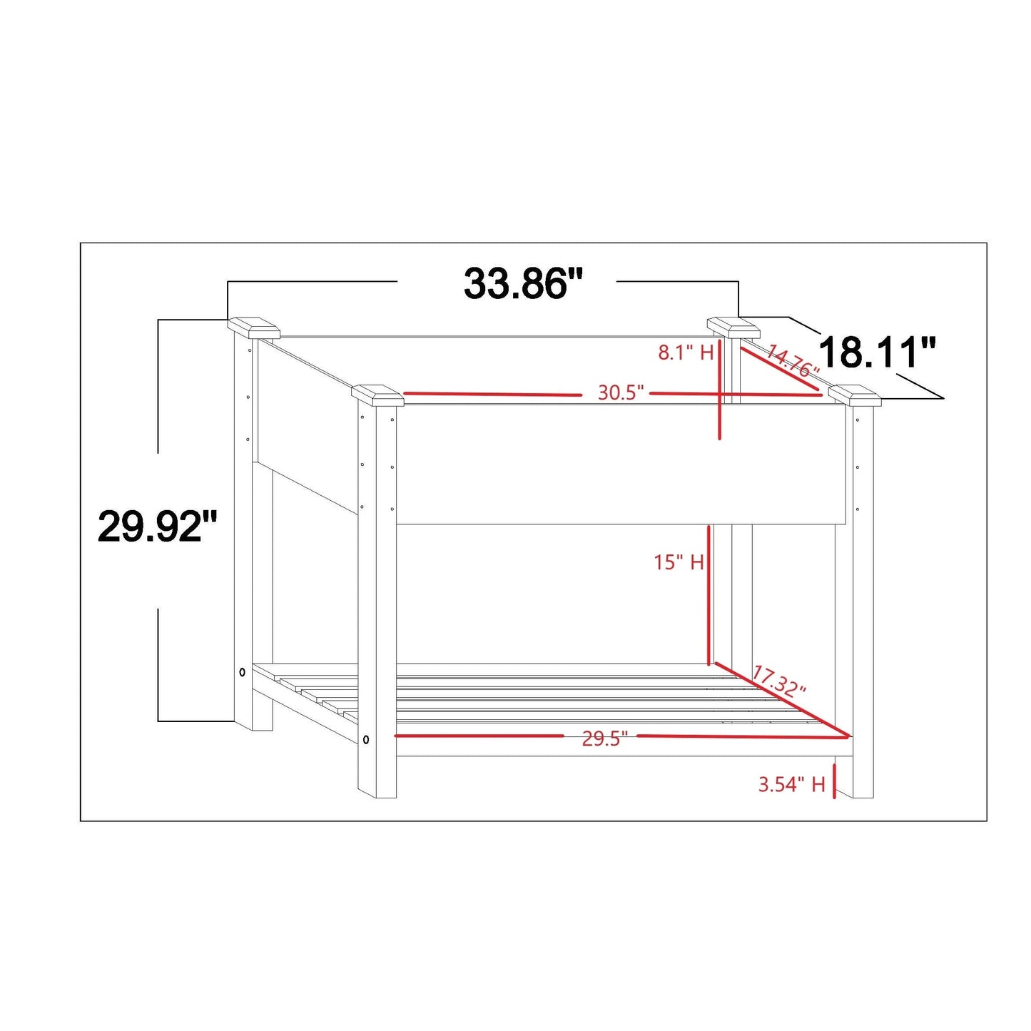29.9" H Natural Wood Rectangular Raised Garden Planter with Shelf