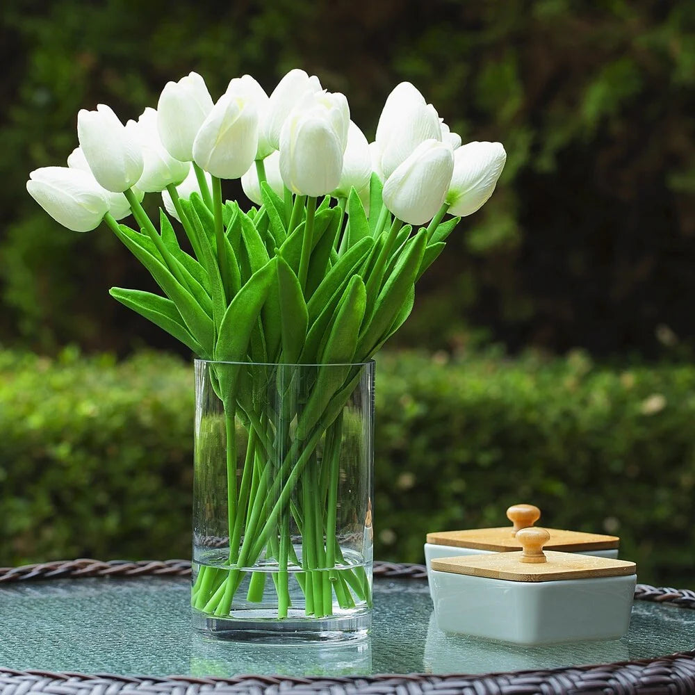 Enova Home 20 Pieces Artificial Real Touch Tulips Fake Silk Flowers Arrangement in Glass Vase with Faux Water for Home Decor