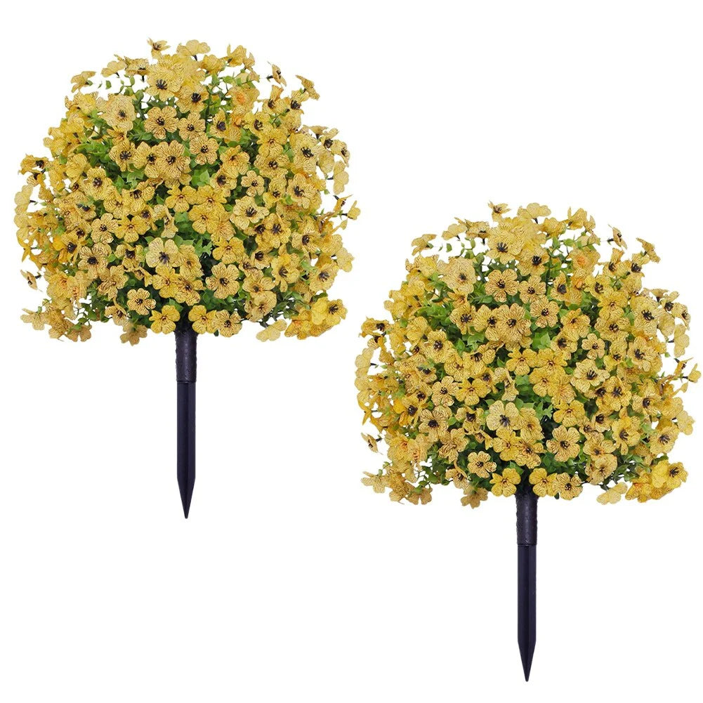 2FT Artificial Trees With Ground Spike 2 Pack, Weather-Resistant Faux Shrubs Bushes Potted Plants With Flowers Outdoor
