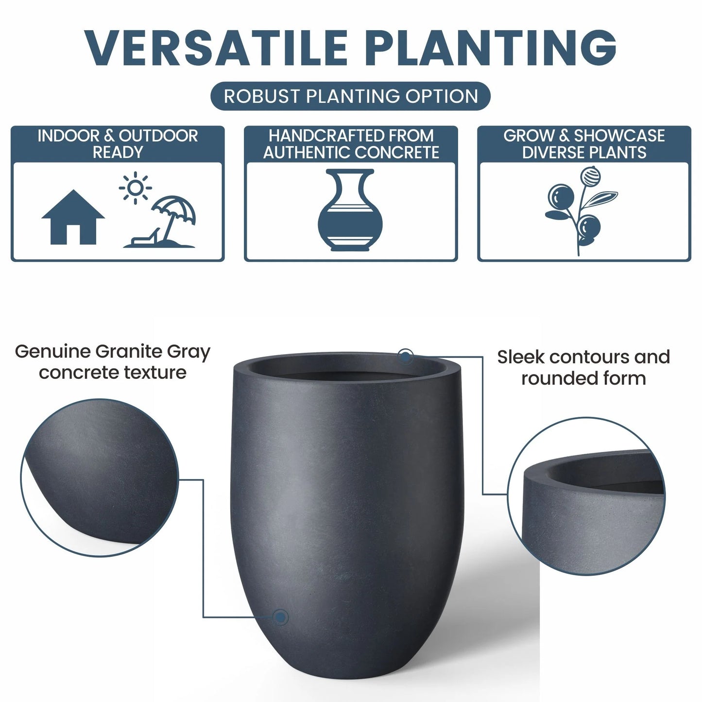 Tall Concrete Round Plant Pots / Large Indoor and Outdoor flower Planters