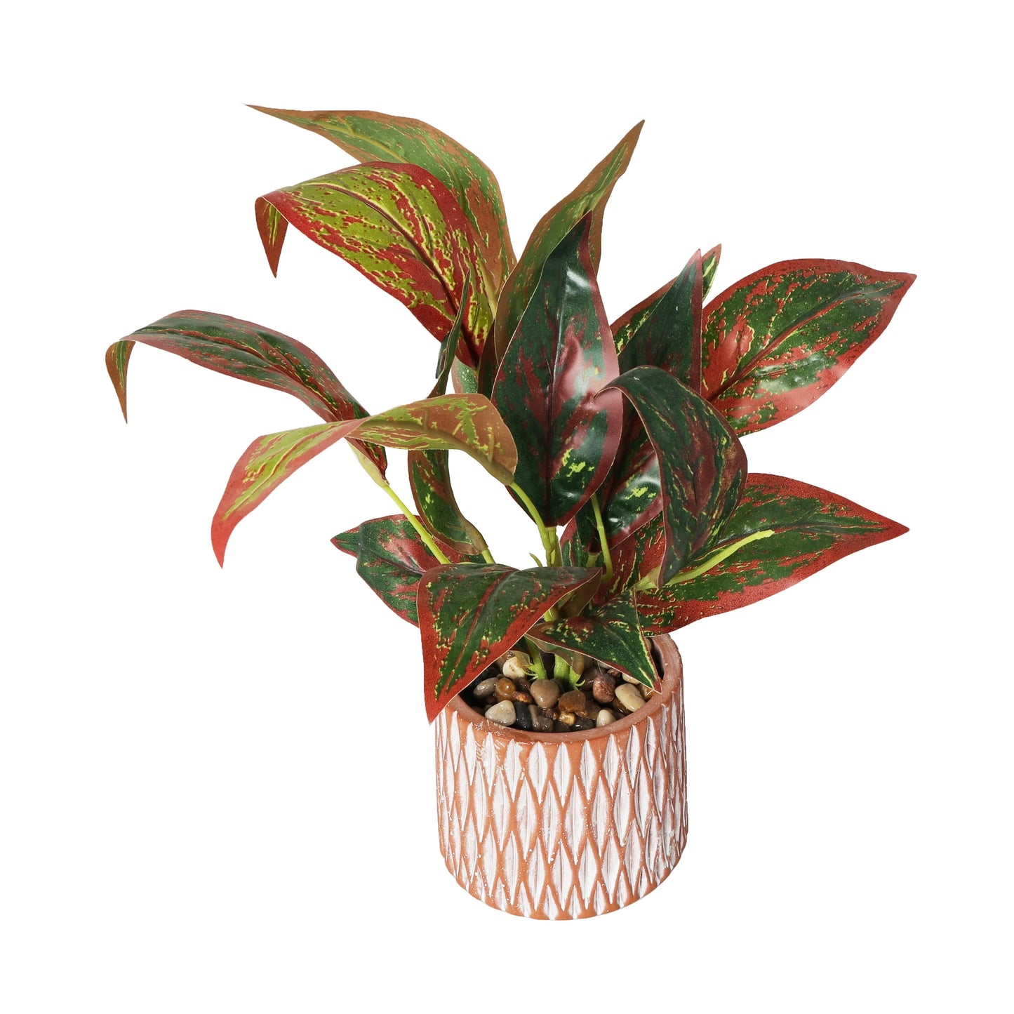 Faux Foliage Croton Artificial Plant with Geometric Patterned Pot and Decorative Pebbles - Green - Roche River Decor