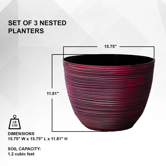 Xbrand Modern Nested Round Textured Pot Planter, Set of 3, 12 Inch Tall, Red