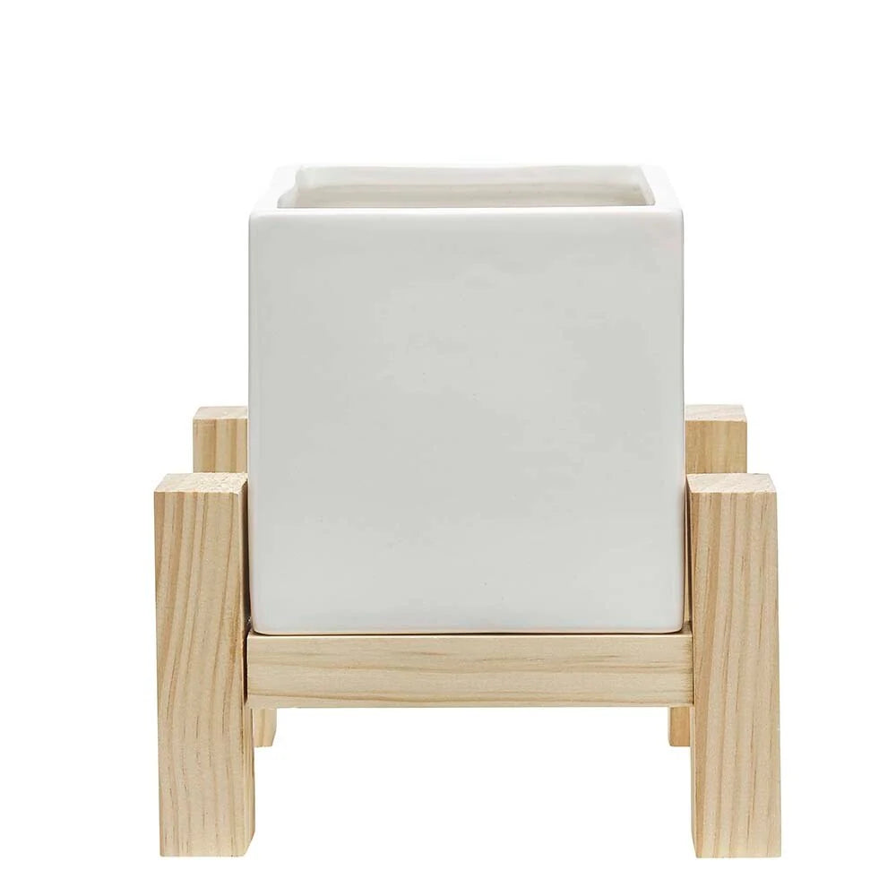 Southern Patio Hemingway Ceremic Square Indoor Planter with Wooden Stand