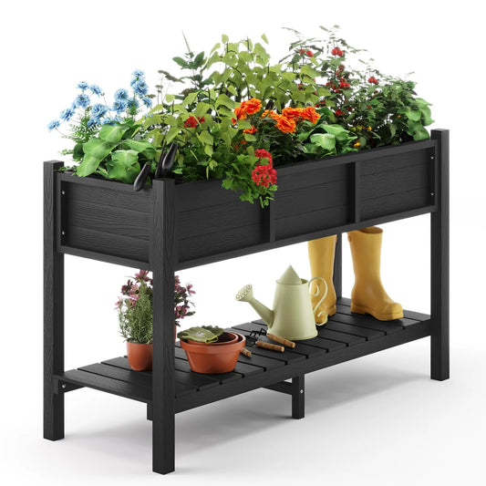 LUE BONA Patio Plastic Raised Elevated Garden Bed HDPS Planter Box Stand with Storage Shelf and Legs