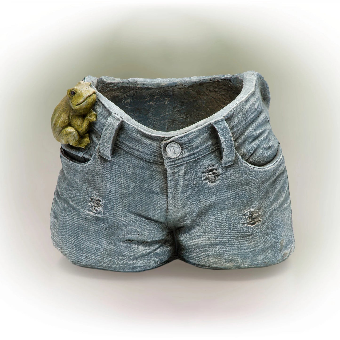 Alpine Corporation 10" Tall Indoor/Outdoor Denim Shorts with Frog Shaped Planter and Yard Decoration - 14"L x 11"W x 10"H