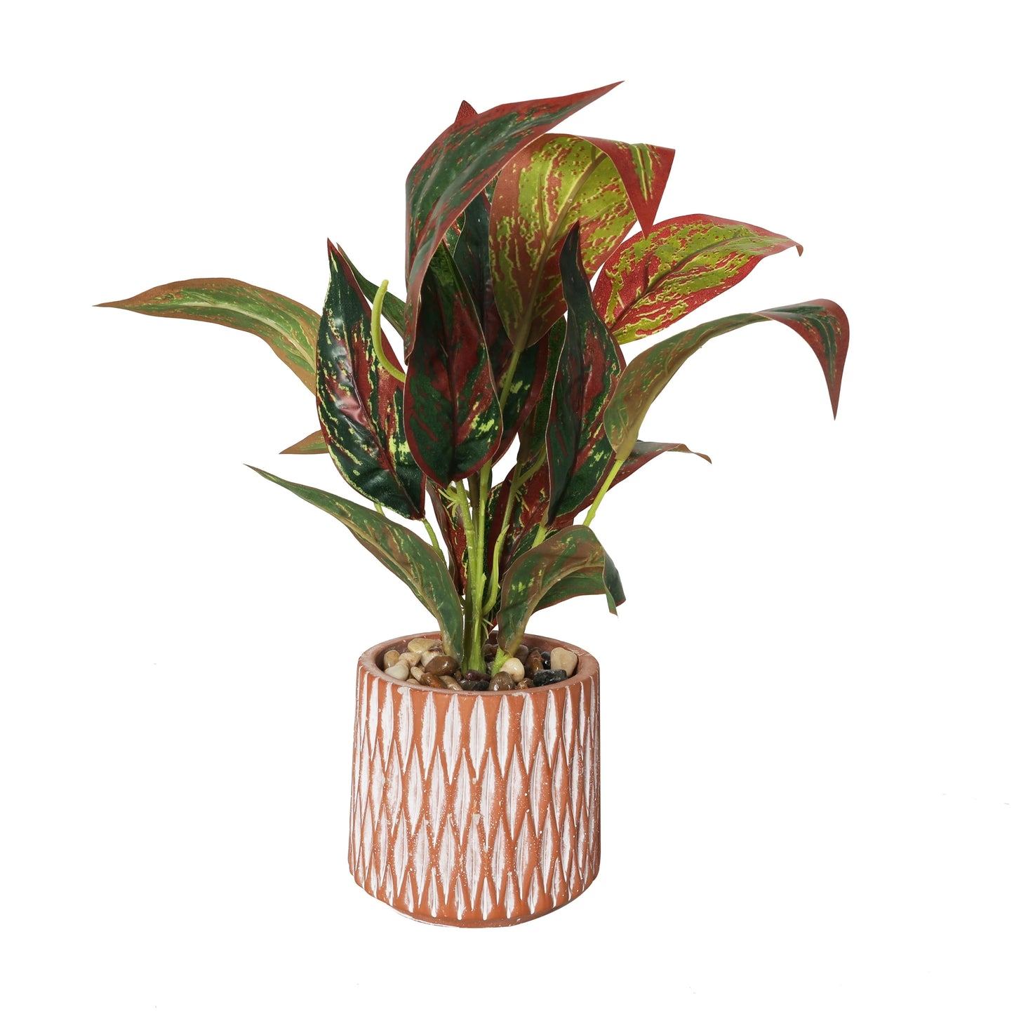 Faux Foliage Croton Artificial Plant with Geometric Patterned Pot and Decorative Pebbles - Green - Roche River Decor