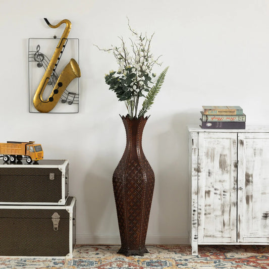34-Inch Brown Metal Floor Vase: Elegant Centerpiece Home Decor, Dried Flower, Artificial Flower, Living Room, Bedroom Decoration