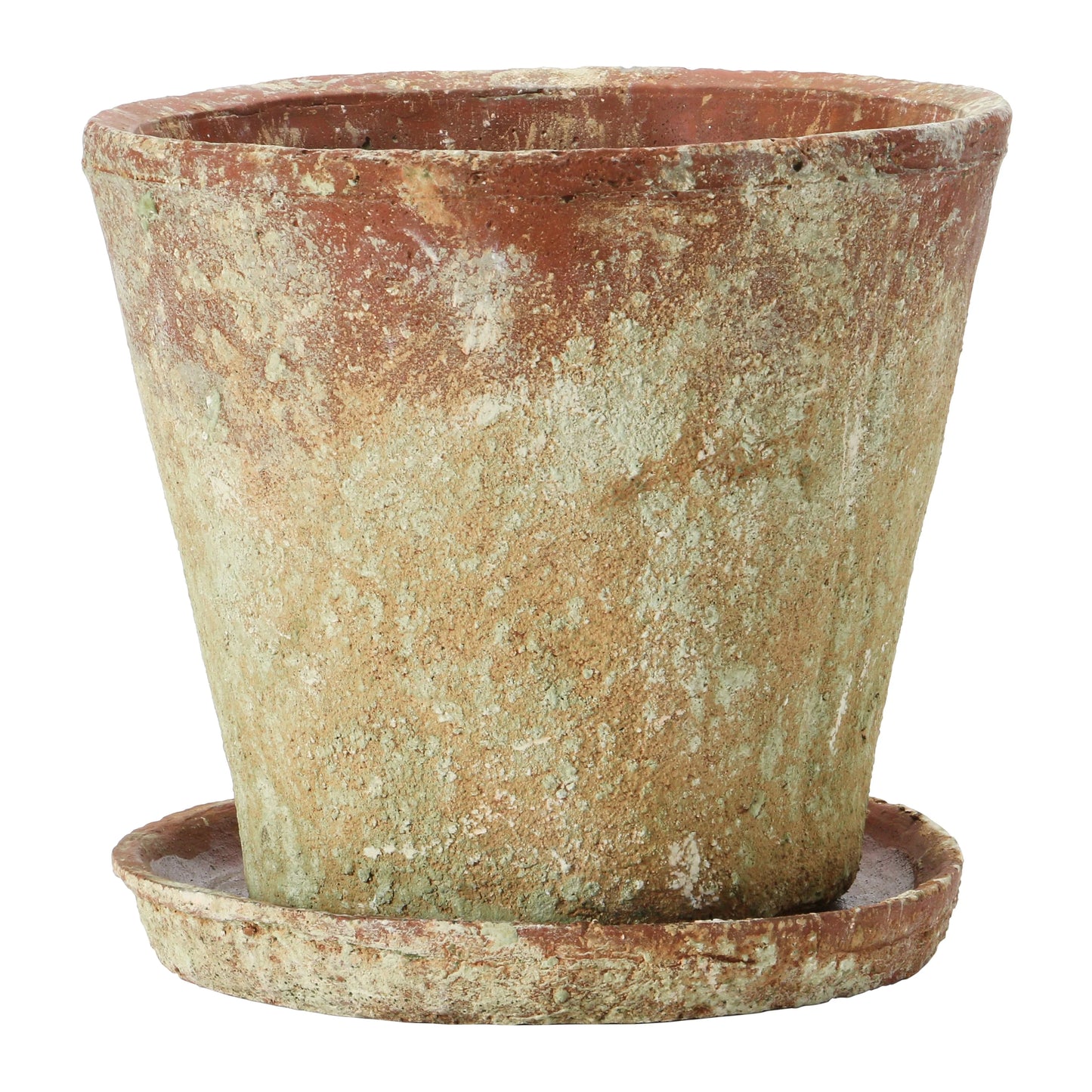 Cement Planter with Saucer, Distressed Terra-cotta Finish