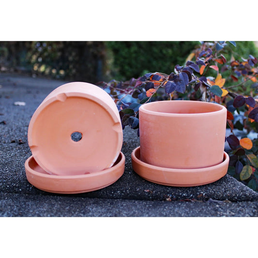 Set of 2 Terracotta Round Fat Walled Garden Planters with Individual Trays, 2 SIZES AVILABLE