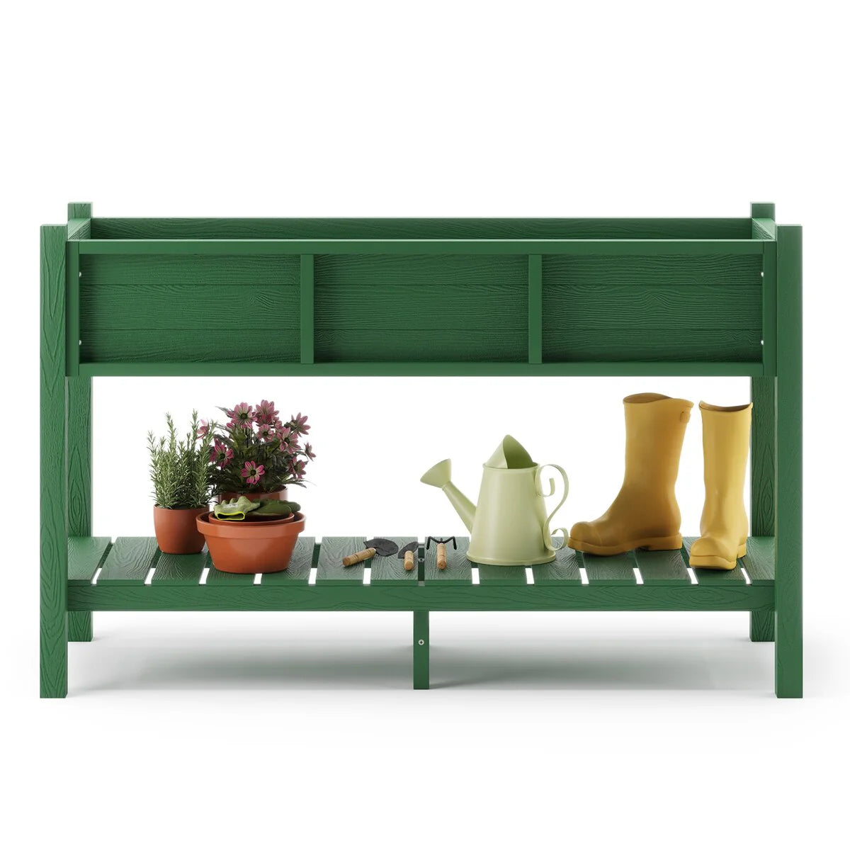 LUE BONA Patio Plastic Raised Elevated Garden Bed HDPS Planter Box Stand with Storage Shelf and Legs