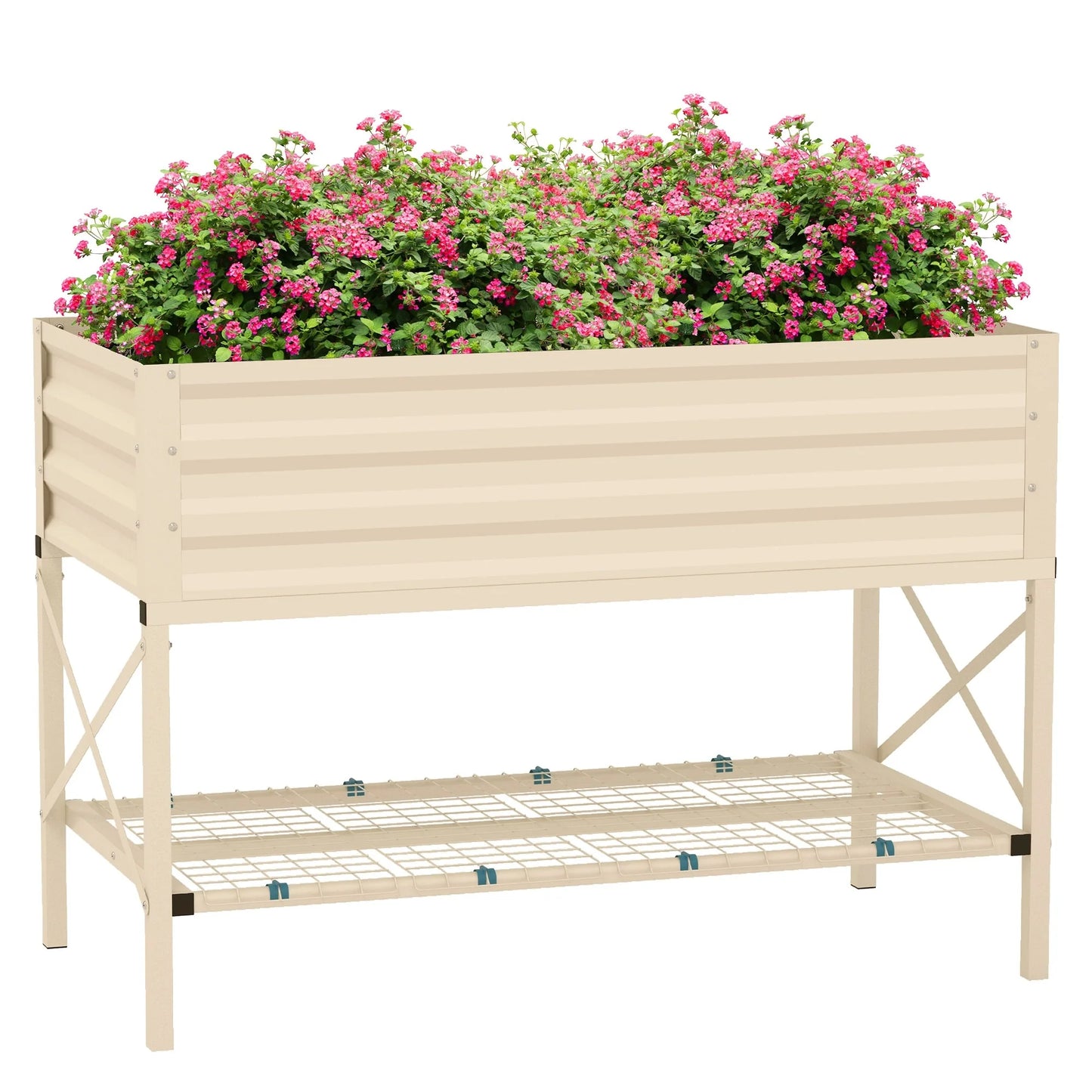 Outsunny Raised Garden Bed with Galvanized Steel Frame, Storage Shelf and Bed Liner, Elevated Planter Box