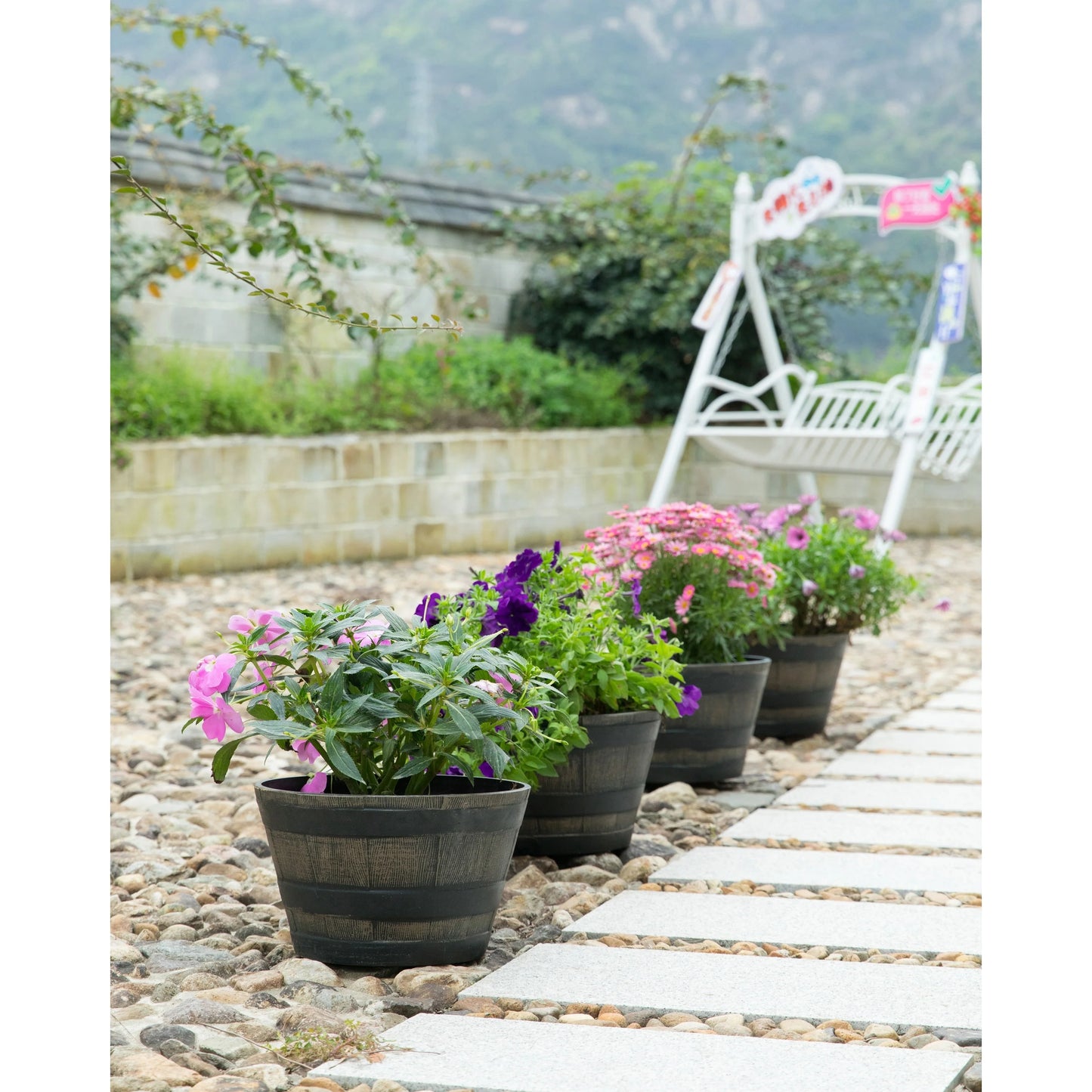 Gardenised 4-Piece Round Half Barrel Flower Pots Rustic Farmhouse Style Faux Wood Planter Containers for Indoor & Outdoor Use