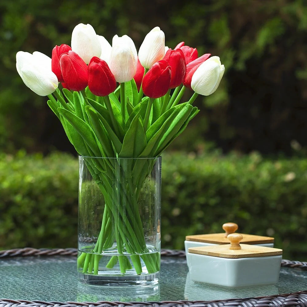 Enova Home 20 Pieces Artificial Real Touch Tulips Fake Silk Flowers Arrangement in Glass Vase with Faux Water for Home Decor