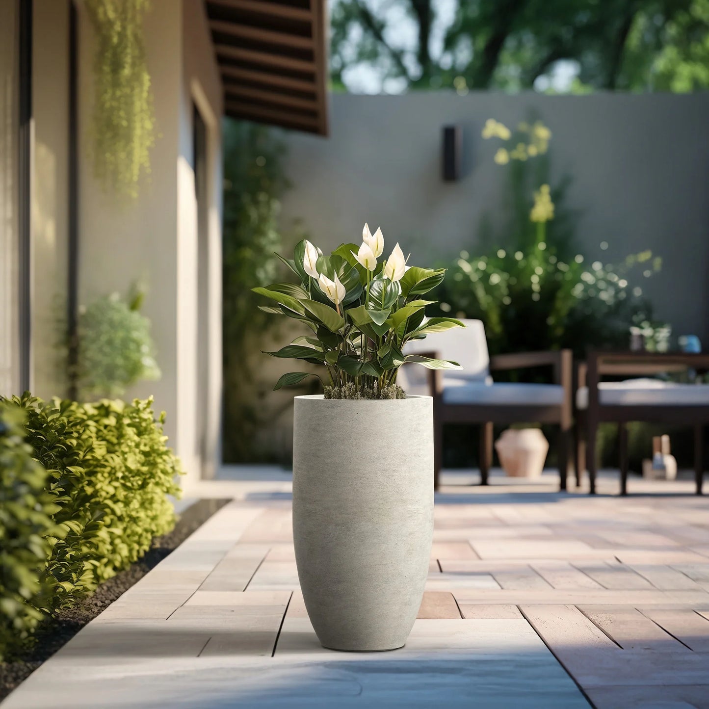 Textured Granite Gray Tall Concrete Round Plant Pots / Large Indoor and Outdoor flower Planters (13.5 Inch x 24.5 Inch)