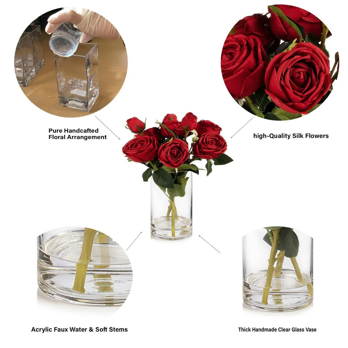 Enova Home Artificial Silk Rose Flowers in Clear Glass Vase with Faux Water for Home Office Wedding Decoration - N/A