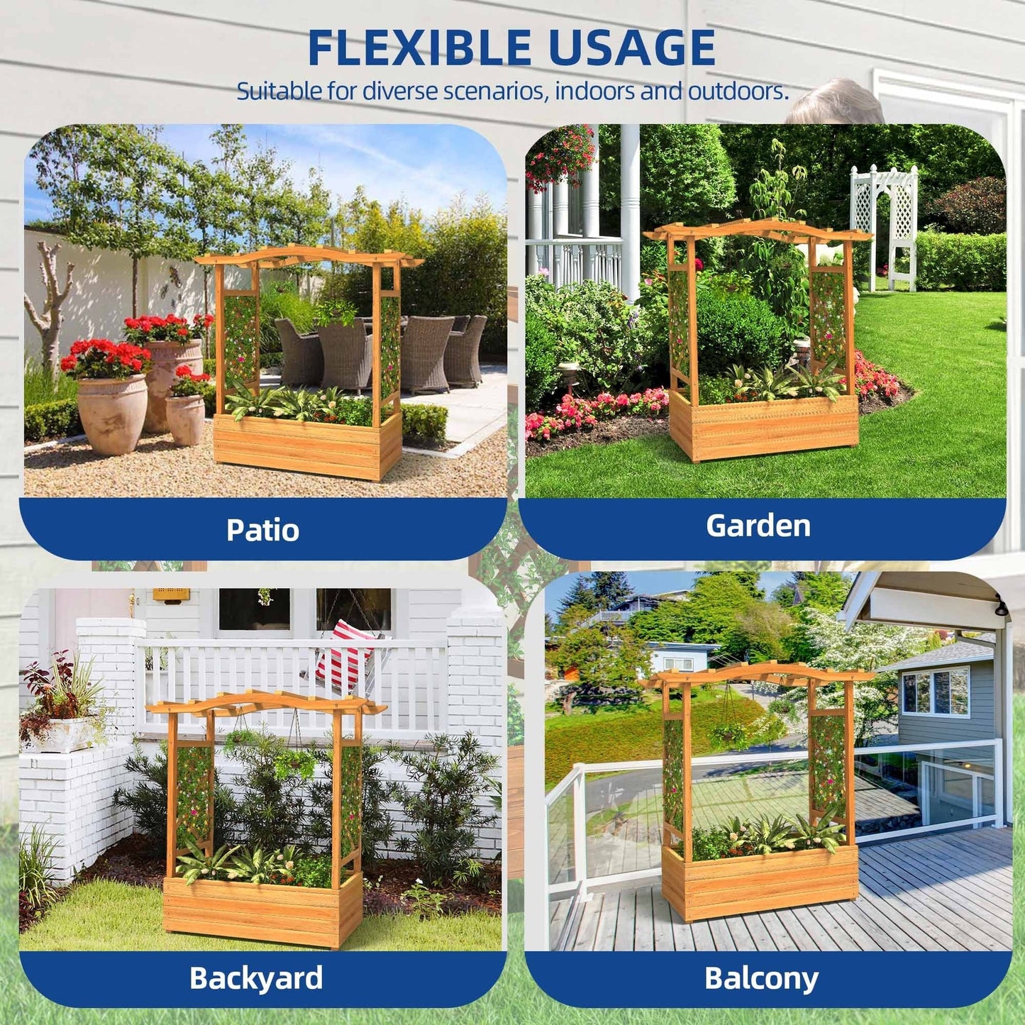 Moasis Outdoor Garden Solid Wood Planter Box with Arch Trellis,Free-Standing Planters Raised Bed for Climbing Plants