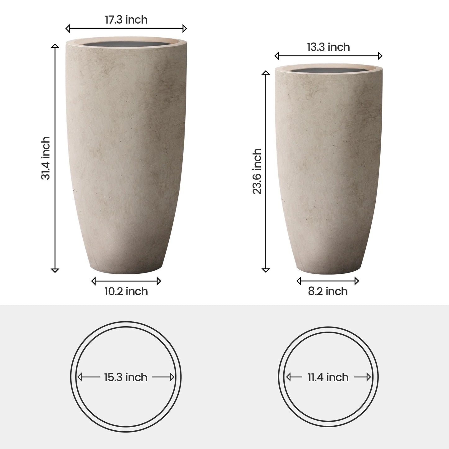 Plantara 32" & 23.6" H Tall Concrete planter, Large Outdoor Plant pot, Modern Tapered Flower pot for Garden