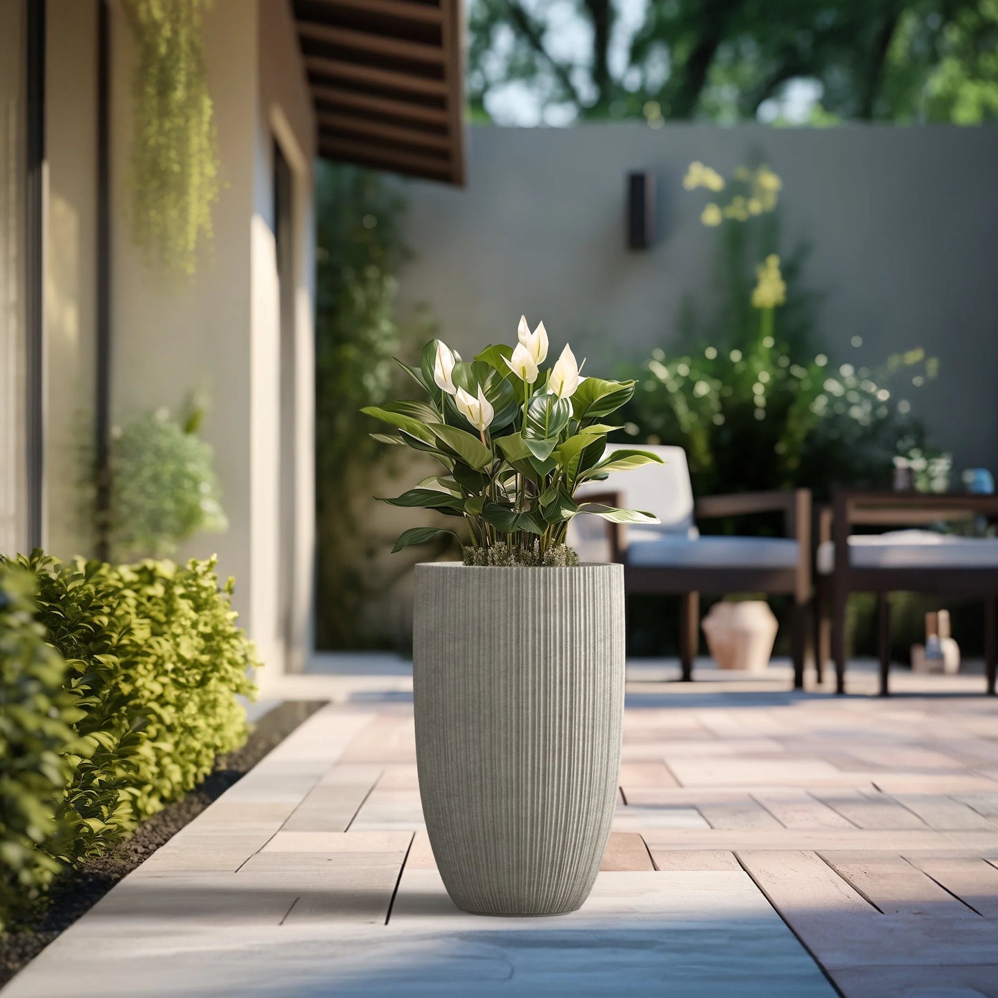 Textured Granite Gray Tall Concrete Round Plant Pots / Large Indoor and Outdoor flower Planters (13.5 Inch x 24.5 Inch)