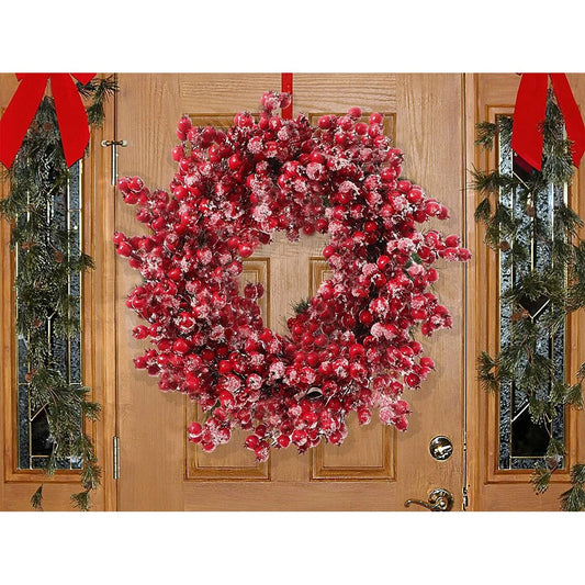 22" Red Frosted Berry Wreath | Iced Hawthorn Twig Door Décor